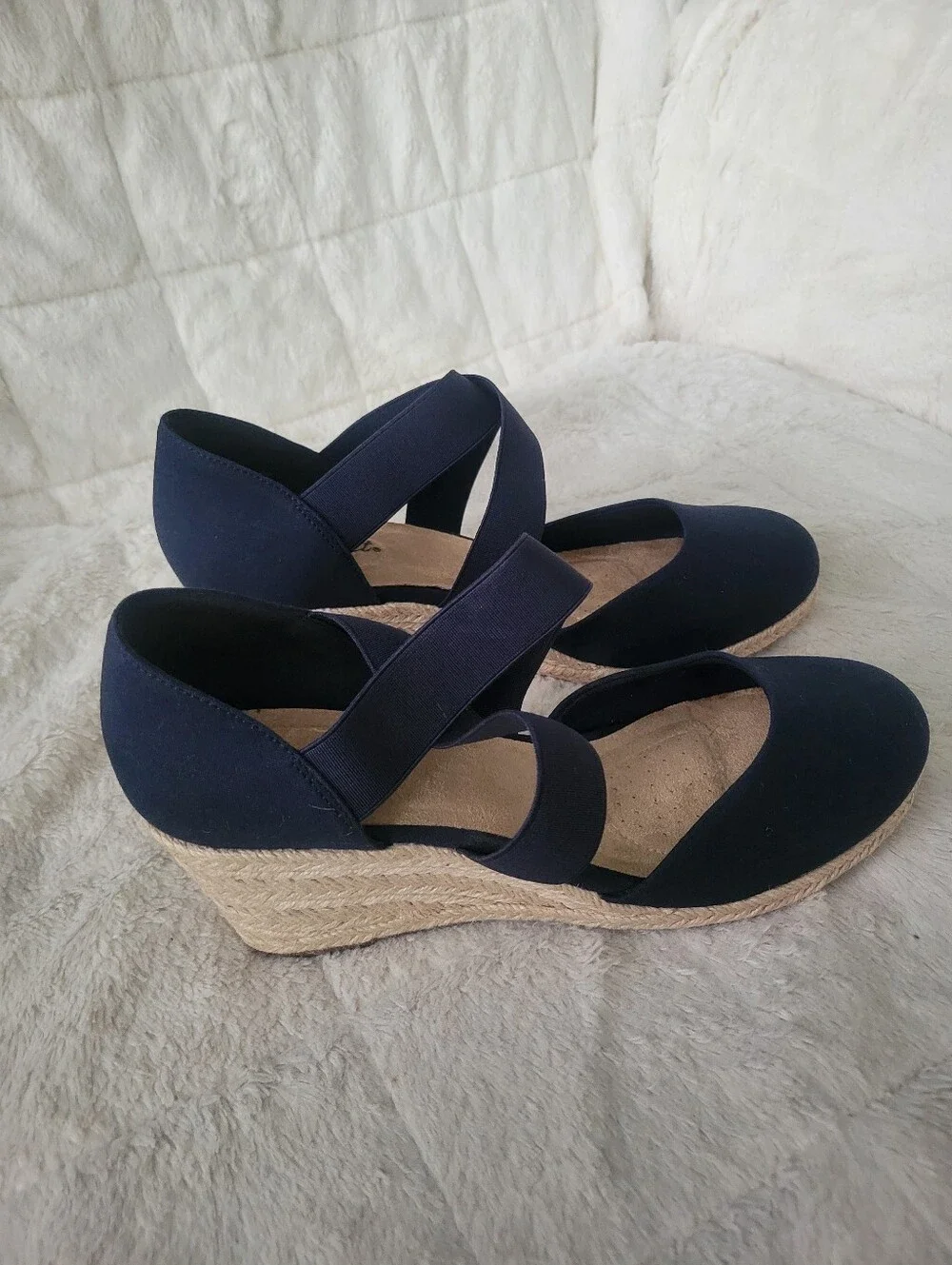 easy street Navy Espadrille Wedge Sandals with Elastic Cross Straps Size 11W